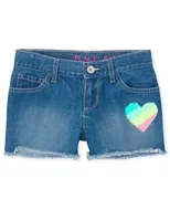 Girls Flip Sequin Rainbow Heart Denim Shortie Shorts