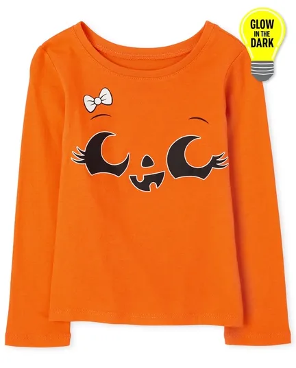 Baby And Toddler Girls Halloween Long Sleeve Glow In The Dark Pumpkin Graphic Tee