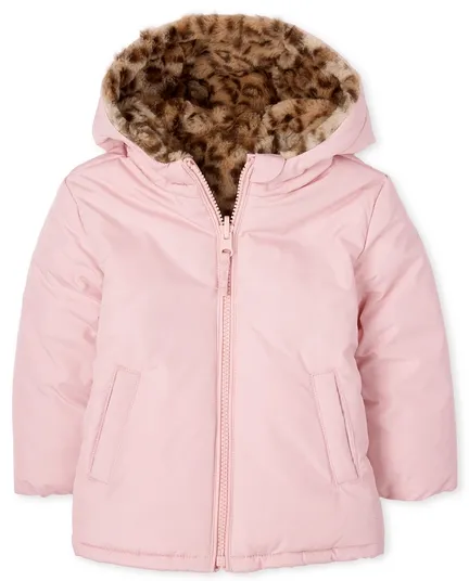 Chaqueta reversible con capucha de piel sintética de manga larga para niñas pequeñas