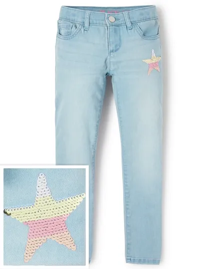 Vaqueros super skinny de niña con solapa de lentejuelas y estrellas