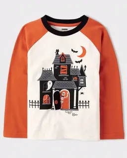 Boys Embroidered Haunted House Raglan Top - Halloween