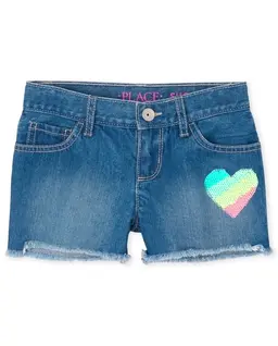Shorts cortos de mezclilla con estampado de corazón de arcoíris y lentejuelas para niñas