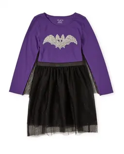 Girls Halloween Flip Sequin Bat Knit To Woven Dress