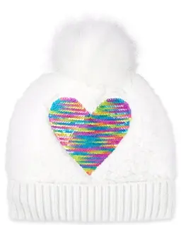 Girls Heart Flip Sequin Pom Pom Beanie