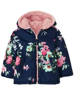 Toddler Girls Floral Faux Fur Reversible Jacket