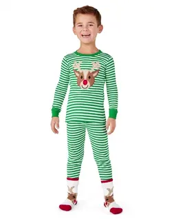 Unisex Striped Reindeer Cotton 2-Piece Pajamas - Gymmies