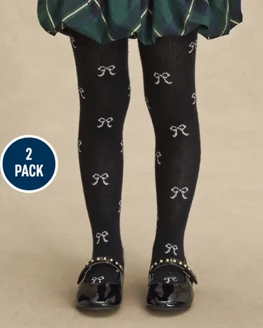 Girls Bow Cable Knit Tights 2-Pack - Petit Paris