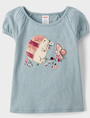 Girls Embroidered Hedgehog Puff Sleeve Top - Highland Hills