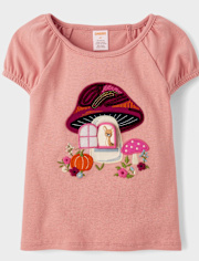Girls Sequin Mushroom House Puff Sleeve Top - Fall Celebrations