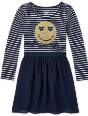 Girls Flip Sequin Smiley Face Knit To Woven Dress