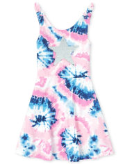 Vestido de niñas con hombros anudados y efecto tie-dye con estrella y lentejuelas