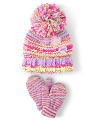 Baby And Toddler Girls Rainbow Space Dye Beanie And Mittens 2-Piece Set