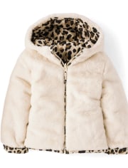 Chaqueta reversible de piel sintética de leopardo para niñas pequeñas