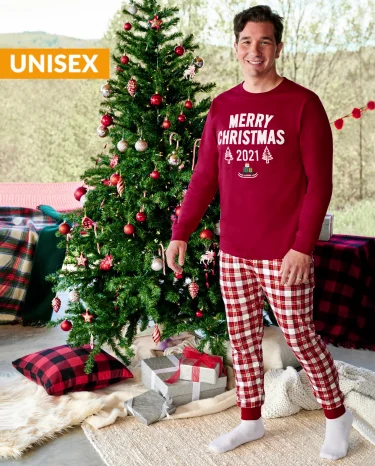 Pijama unisex de algodón de 2 piezas Feliz Navidad para adultos - Gymmies