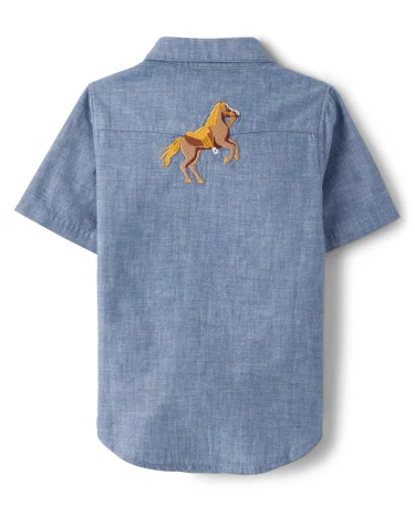 Boys Embroidered Horse Chambray Snap Front Shirt - Country Trail