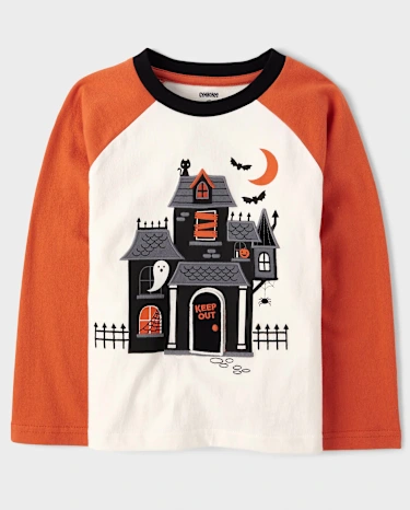 Boys Embroidered Haunted House Raglan Top - Halloween