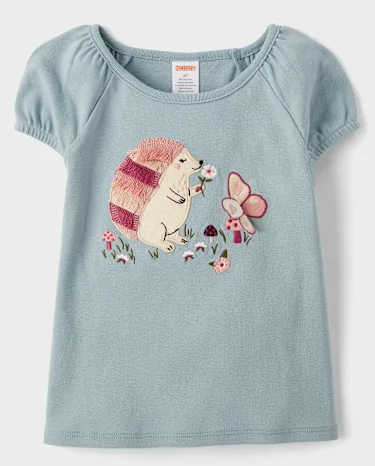 Girls Embroidered Hedgehog Puff Sleeve Top - Highland Hills