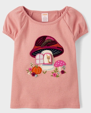 Girls Sequin Mushroom House Puff Sleeve Top - Fall Celebrations