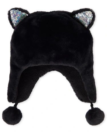 Girls Rainbow Flip Sequin Cat Faux Fur Hat