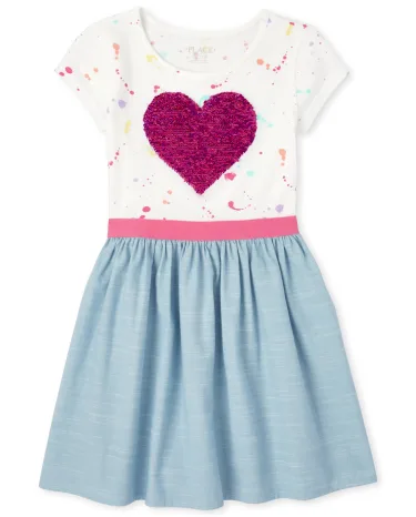 Girls Flip Sequin Heart Knit To Woven Dress