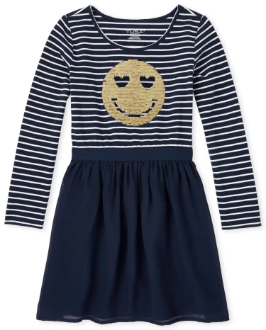 Girls Flip Sequin Smiley Face Knit To Woven Dress