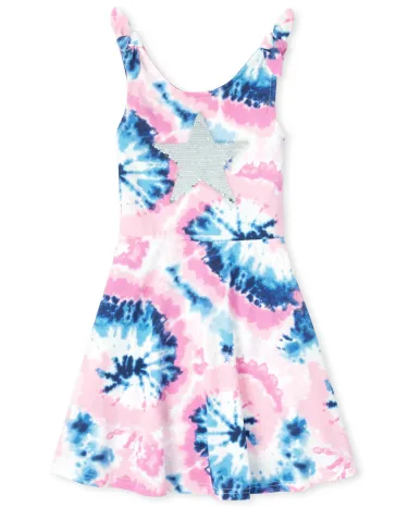 Vestido de niñas con hombros anudados y efecto tie-dye con estrella y lentejuelas