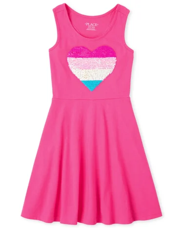 Girls Flip Sequin Rainbow Heart Racerback Tank Dress