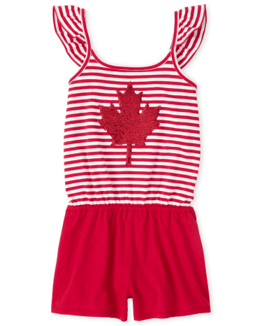 Girls Canada Day Glitter Maple Leaf Striped Ruffle Romper