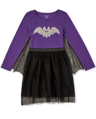 Girls Halloween Flip Sequin Bat Knit To Woven Dress
