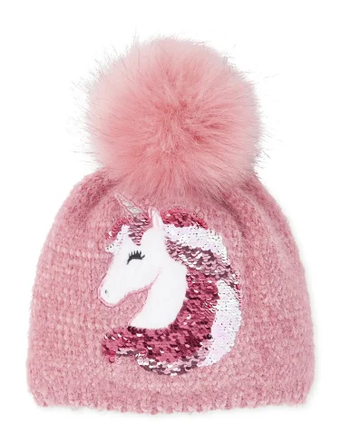 Bonnet licorne à paillettes et pompon pour fille