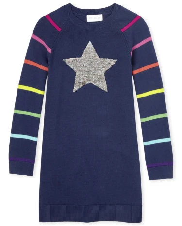 Vestido estilo suéter con lentejuelas y estrellas arcoíris para niñas