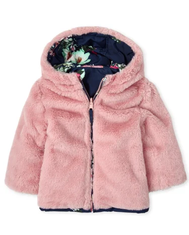 Toddler Girls Floral Faux Fur Reversible Jacket
