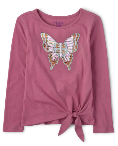 Girls Long Sleeve Flip Sequin Butterfly Tie Front Top | The Children's Place