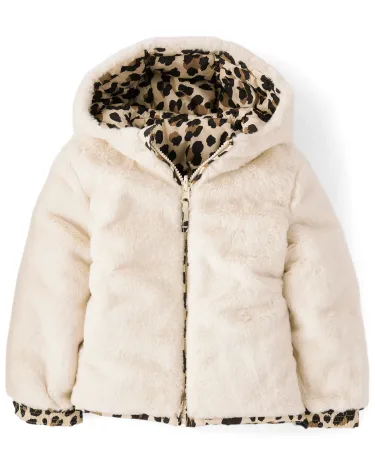 Chaqueta reversible de piel sintética de leopardo para niñas pequeñas