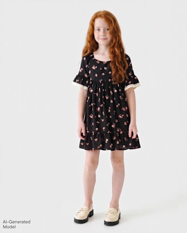 Robe à manches cloche fleuries pour filles - BLACK