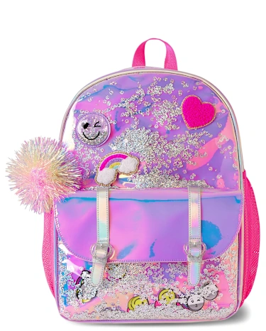 Girls Holographic Shakey Happy Face Backpack 2-Piece Set