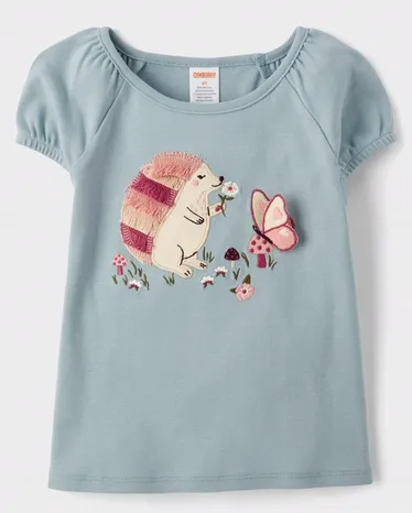 Girls Embroidered Hedgehog Puff Sleeve Top - Highland Hills