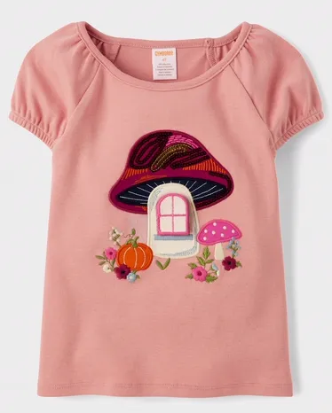Girls Sequin Mushroom House Puff Sleeve Top - Fall Celebrations