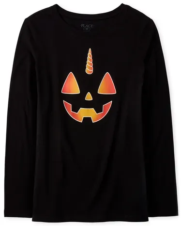 Camiseta con gráfico de calabaza brillante de Halloween familiar a juego para mujer
