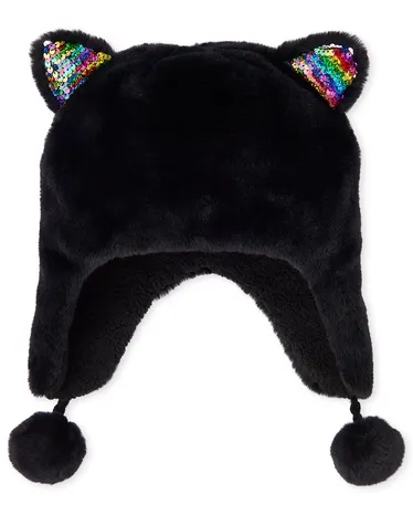 Gorro de piel sintética con diseño de gato y lentejuelas con diseño de arcoíris para niñas