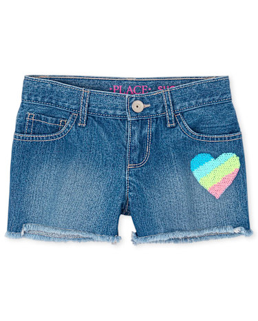 Girls Flip Sequin Rainbow Heart Denim Shortie Shorts DENIM The