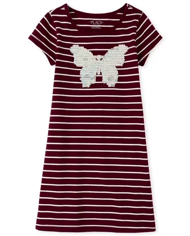 Girls Glitter Butterfly Striped Dress