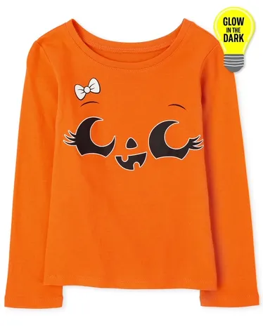Camiseta con estampado de calabaza brillante de Halloween para bebés y niñas pequeñas