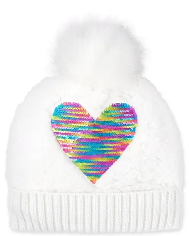 Girls Heart Flip Sequin Pom Pom Beanie