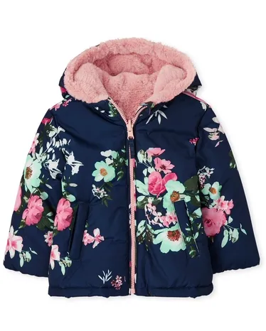 Toddler Girls Floral Faux Fur Reversible Jacket