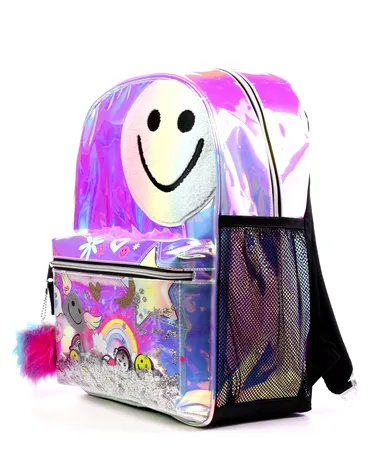 Girls Holographic Shakey Happy Face Backpack